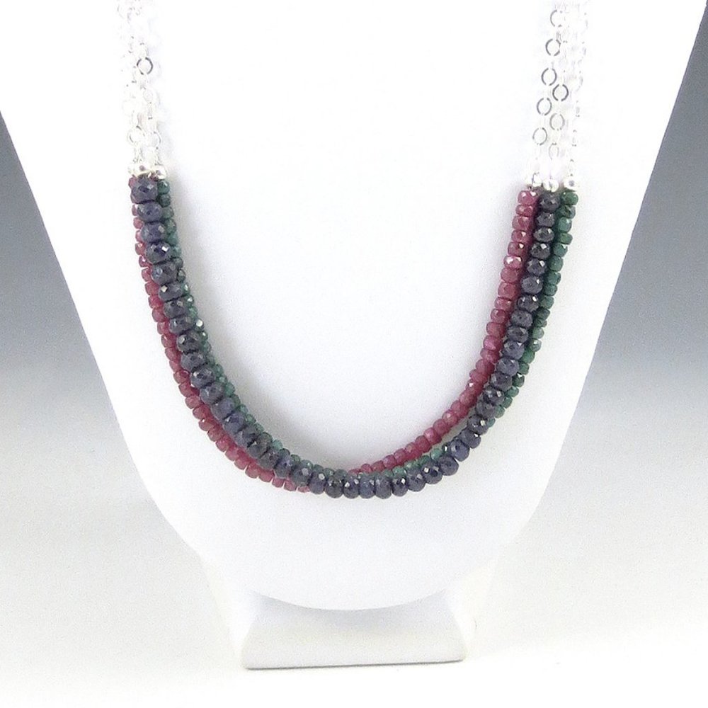 Rough Ruby, Emerald, Sapphire, & Sterling Necklace